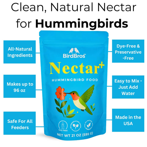 BirdBros Nectar+ powder dissolves in water for quick hummingbird feeding