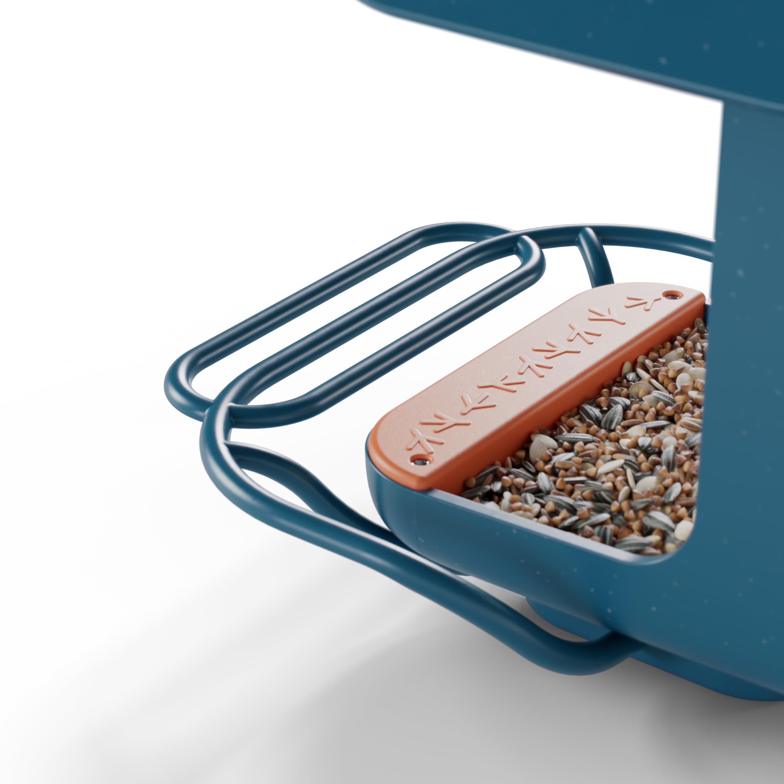 Bird Buddy blue perch extender close-up highlighting weatherproof durability