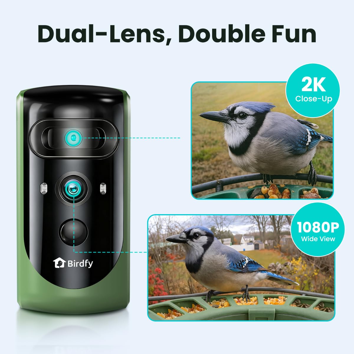 Birdfy 2 dual-lens camera close-up capturing crisp feather detail with AI tracking