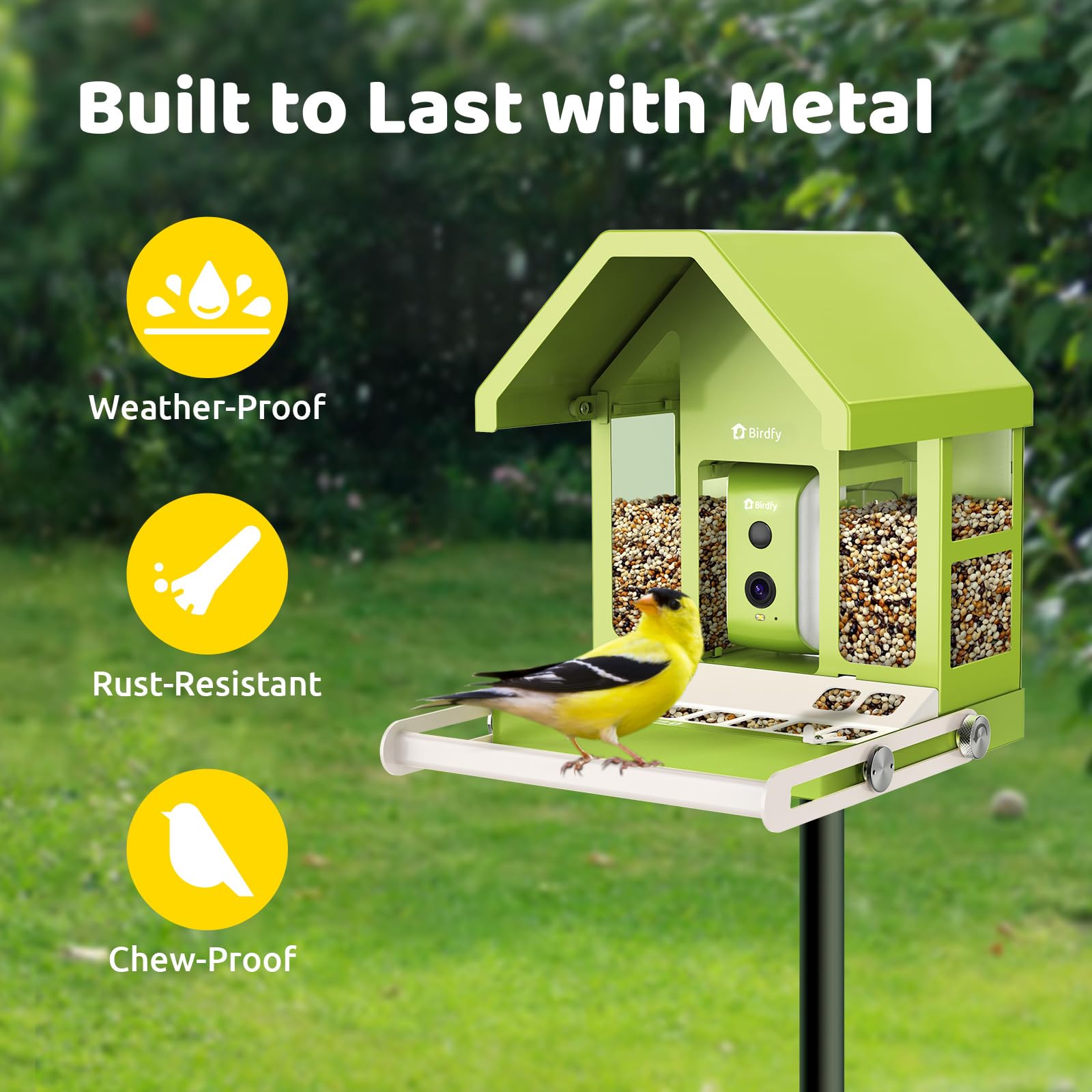 Birdfy Smart Bird Feeder Camera metal close-up highlights weatherproof build for all seasons.