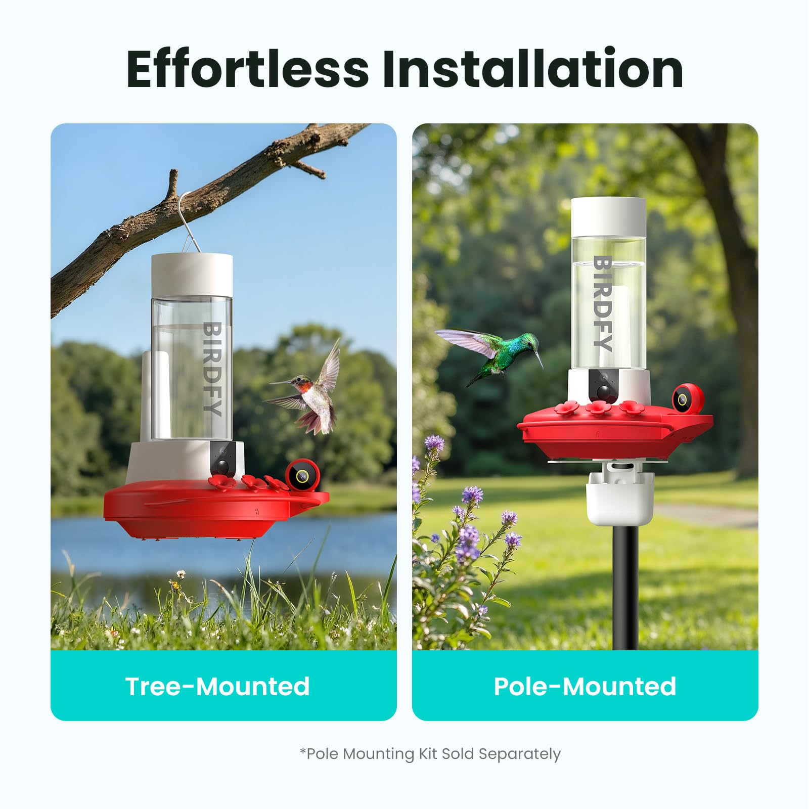 Birdfy hummingbird feeder solar-powered operation for outdoor use.