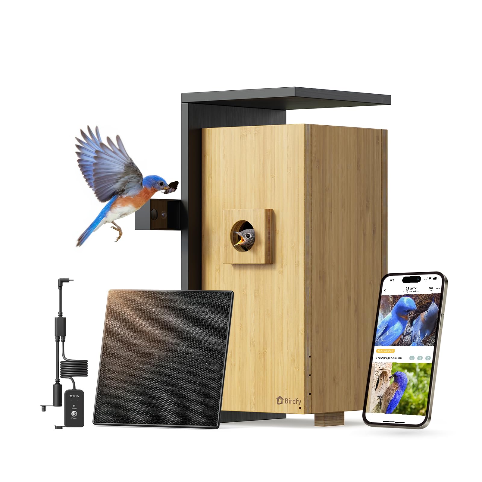 Birdfy Nest Duo with dual 1080p cameras for inside and outside nest viewing