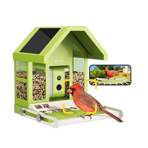 Birdfy Smart Bird Feeder Camera front view shows a durable metal design for year-round outdoor use.
