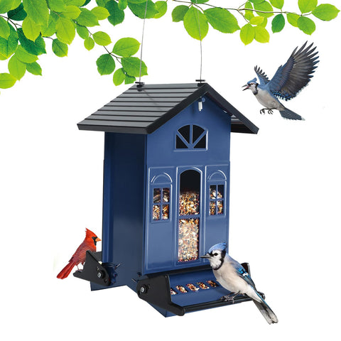 Birdkiss squirrel-proof bird feeder outside with country-house hanging design and 5lb seed capacity.