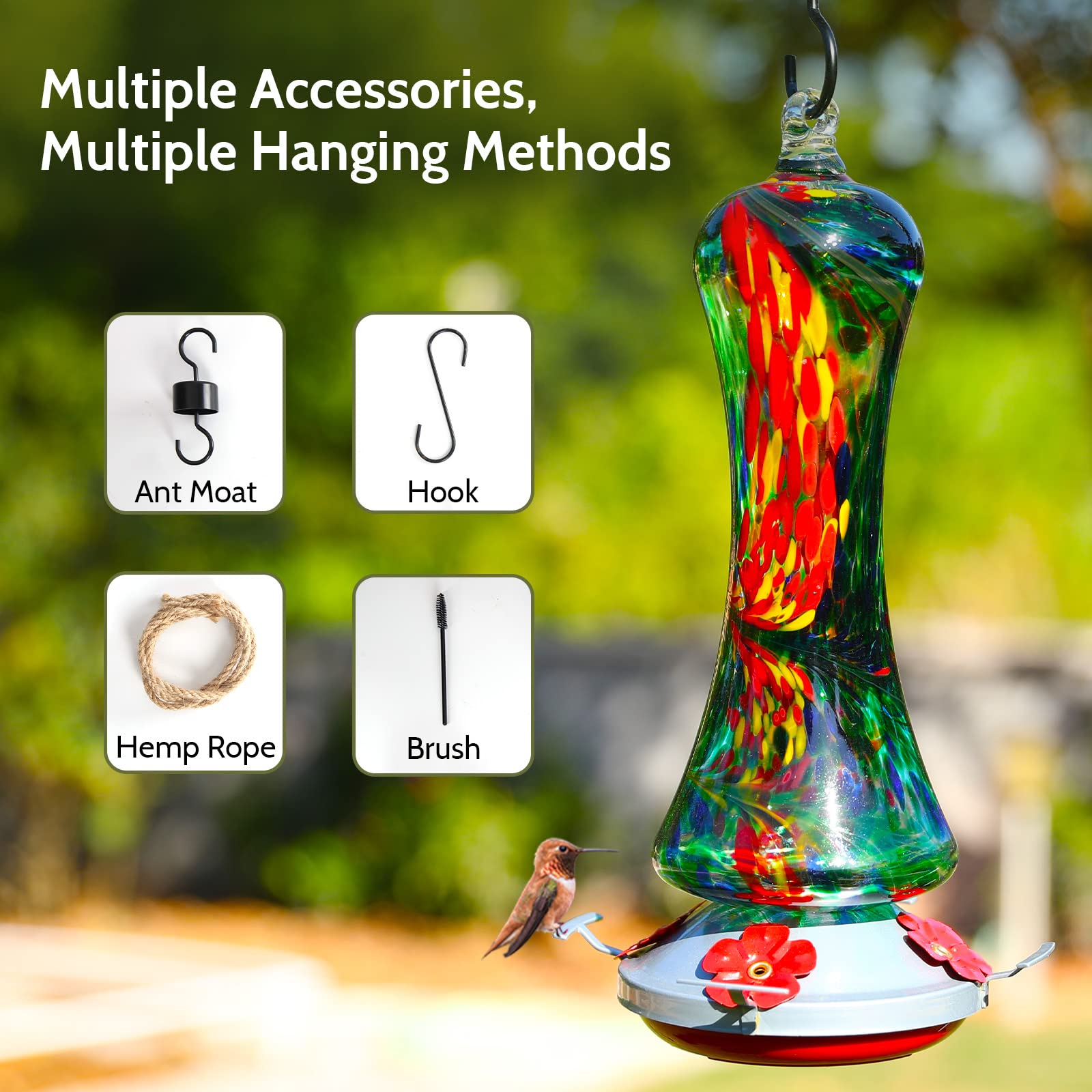 Birdkiss four-port hummingbird feeder allows multiple birds to feed.