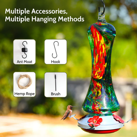 Birdkiss four-port hummingbird feeder allows multiple birds to feed.