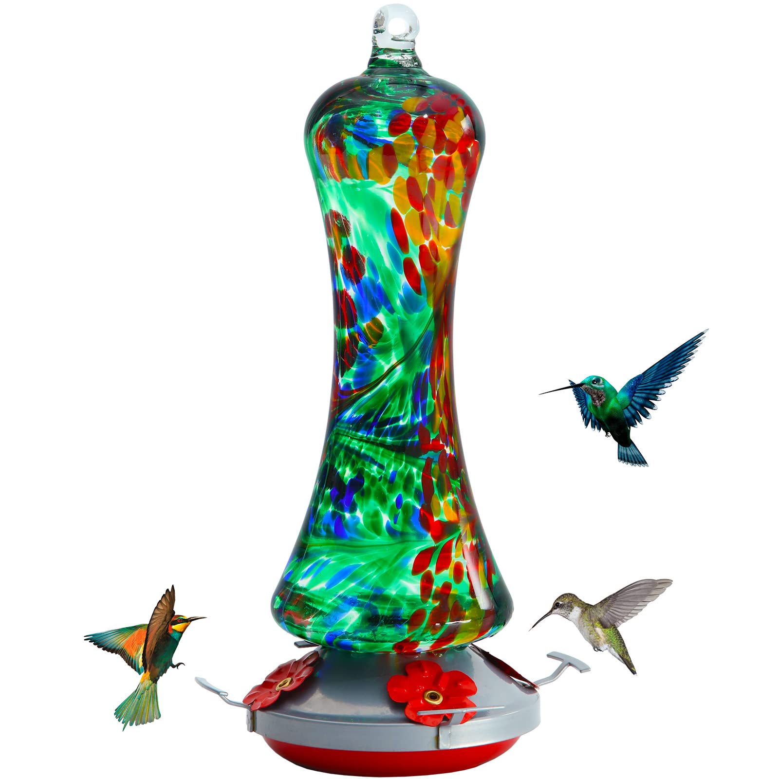 Birdkiss glass hummingbird feeder outdoors with bright colors attracting birds.