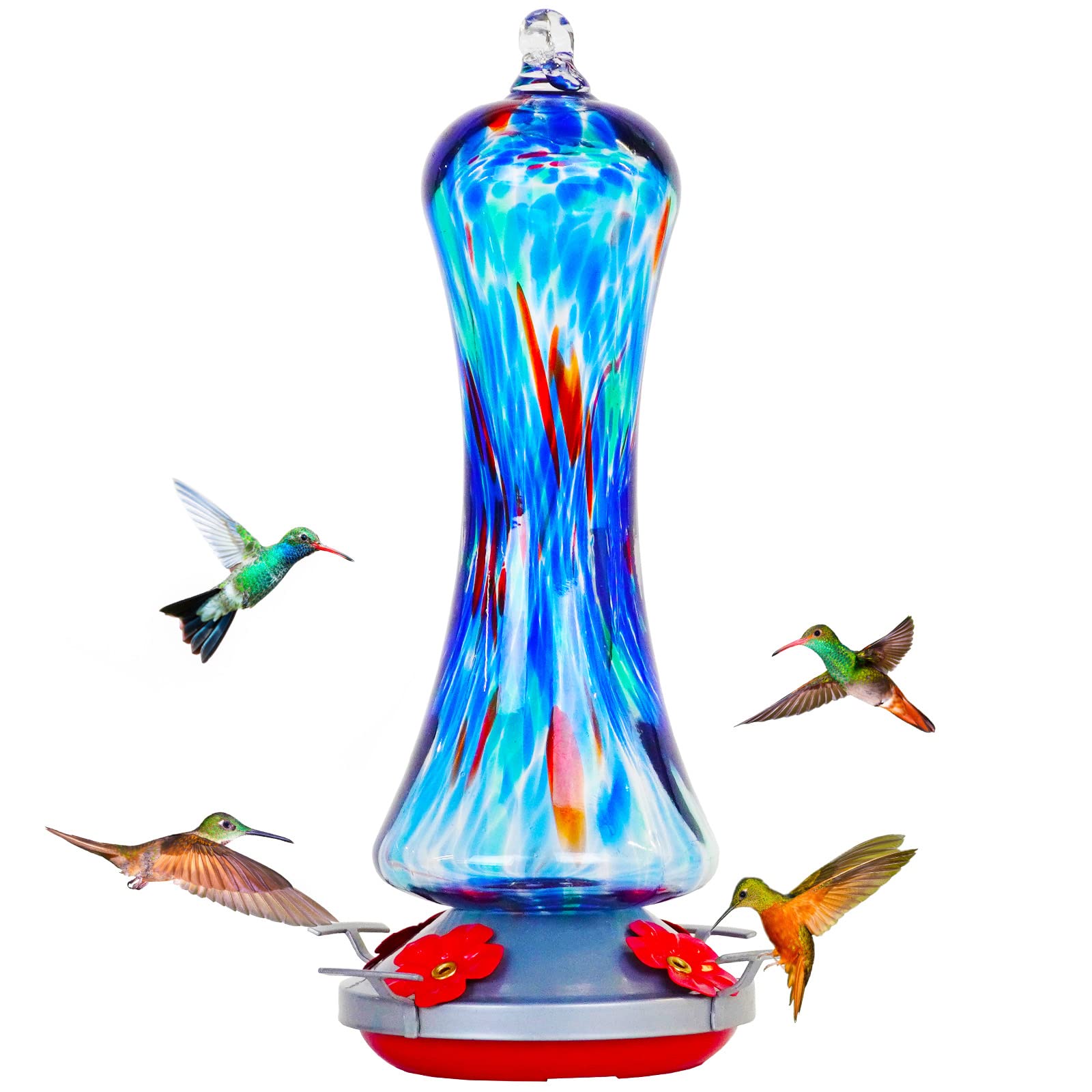 Birdkiss hand-blown glass hummingbird feeder outdoors with perch, ready to attract birds.