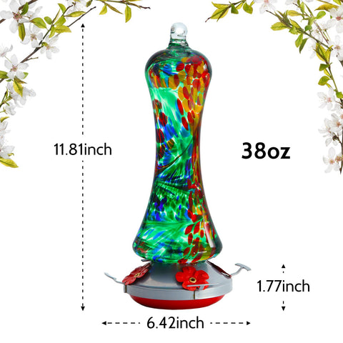 Birdkiss window-hanging feeder shows vibrant glass colors for easy viewing.