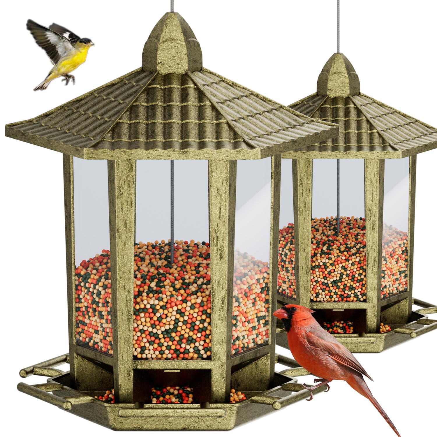 Birdream pagoda outdoor bird feeder with traditional design attracts sparrows.