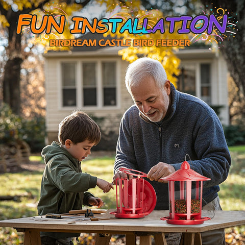 Birdream classic castle design feeder showing simple one-minute assembly.