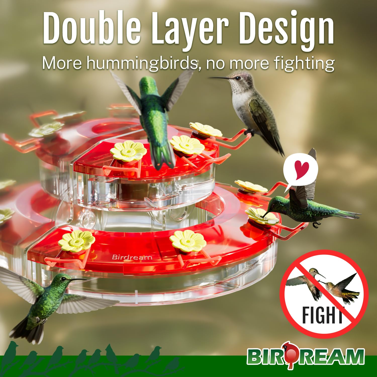 Birdream hummingbird feeder close-up shows bright red color for easy attraction.