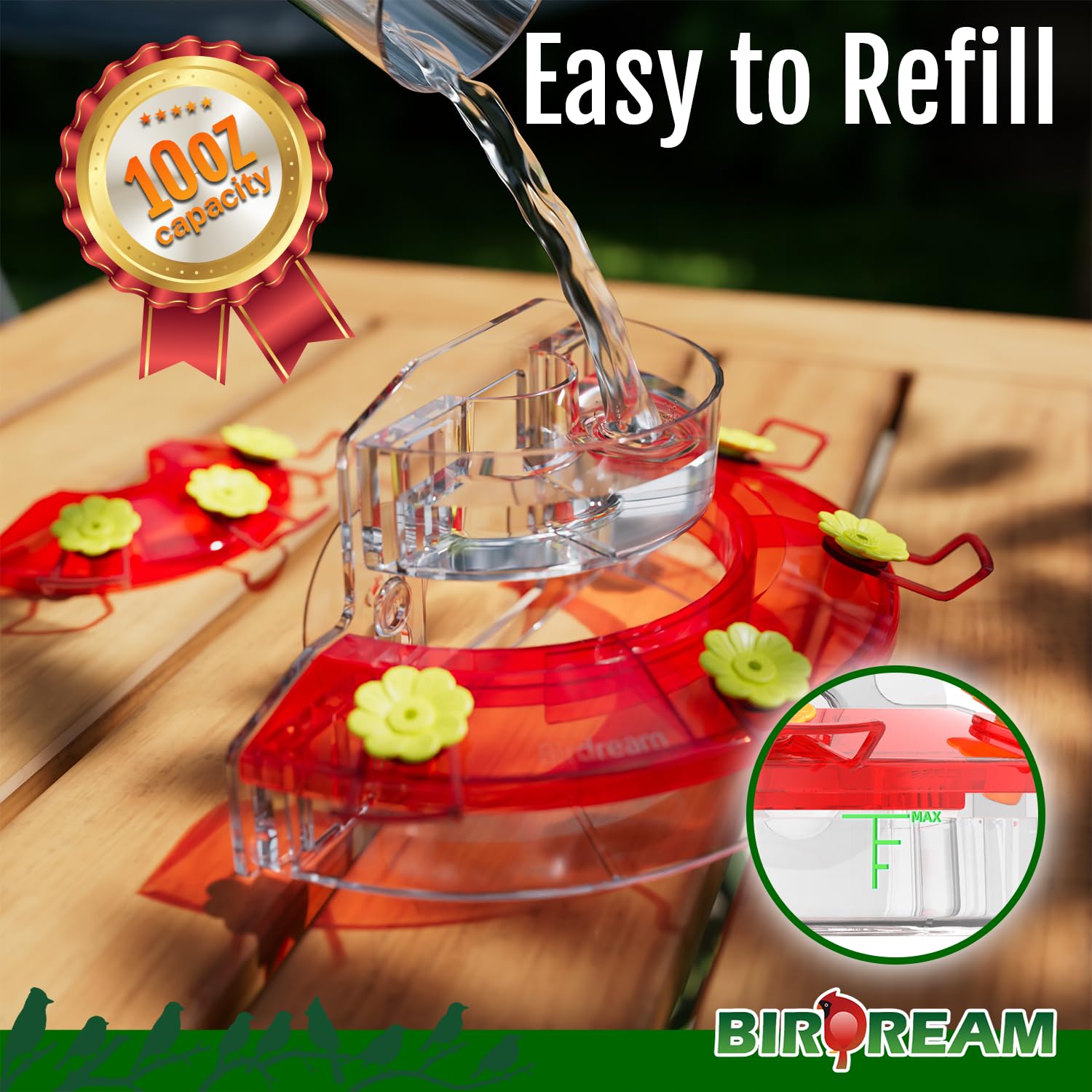 Birdream red feeder resists fading for long-lasting outdoor use.