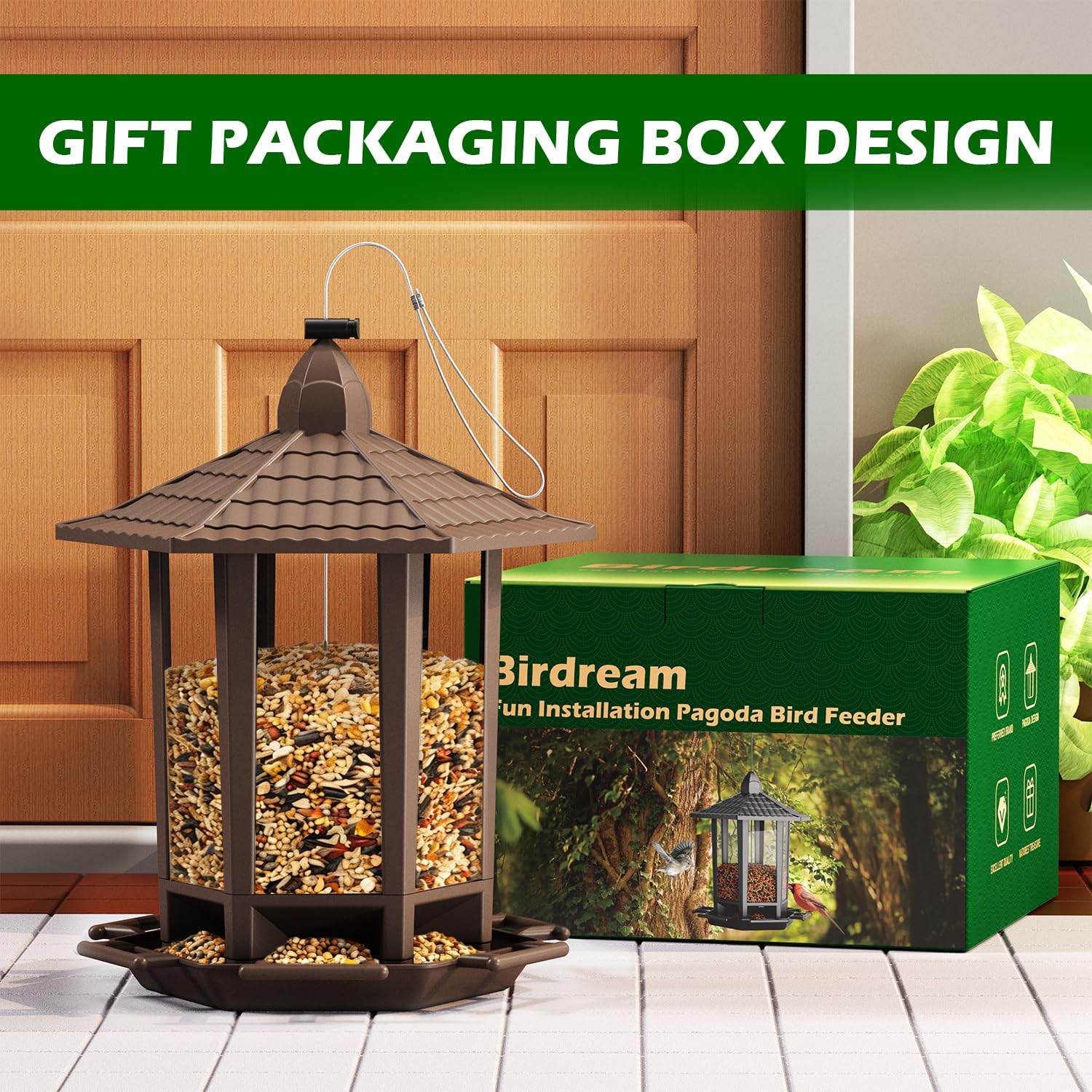 Birdream pagoda feeder features a wide opening for easy refills.