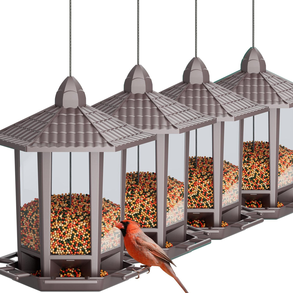 Birdream pagoda feeder on outdoor hook attracts wild birds in brown finish