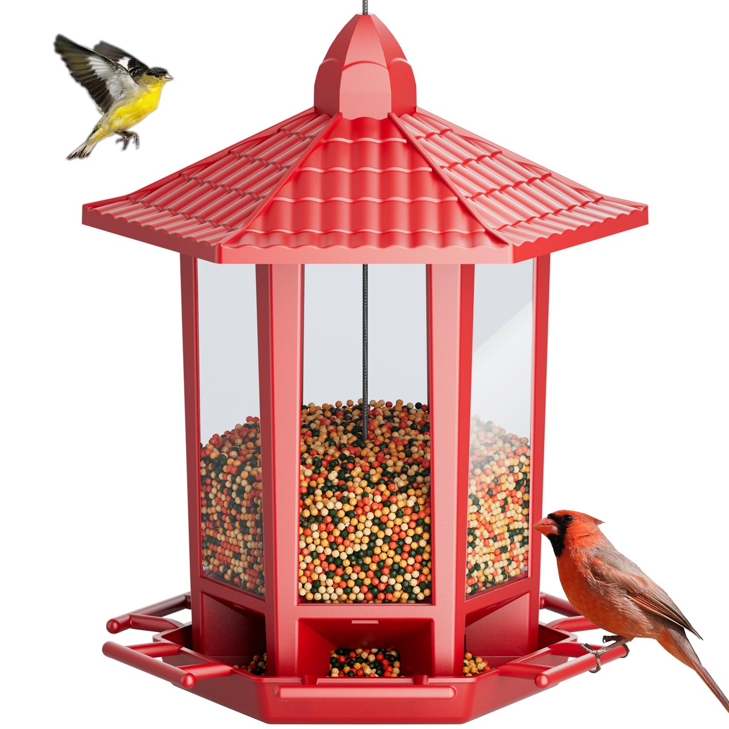 Birdream pagoda feeder front view highlights red color and traditional design