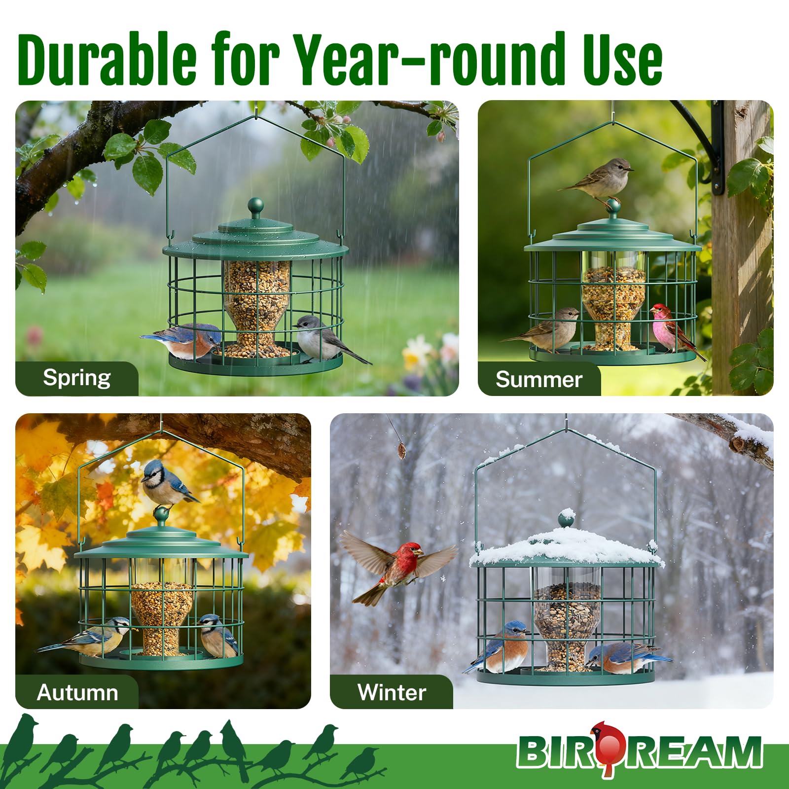 Birdream weatherproof feeder with drainage holes stays drier after rain.