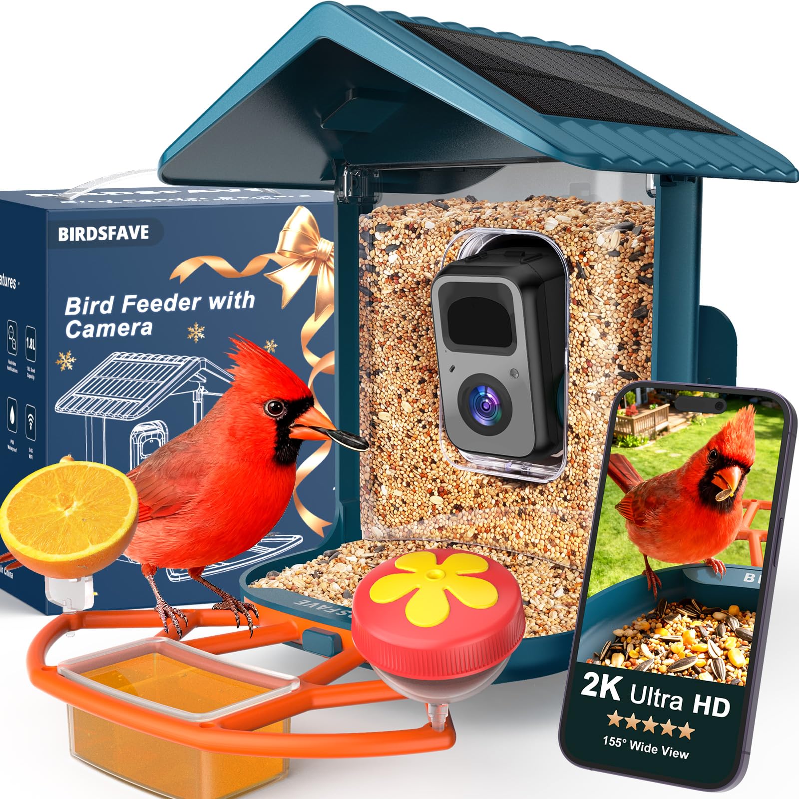 Birdsfave bird feeder camera front view with 2K video for backyard watching.