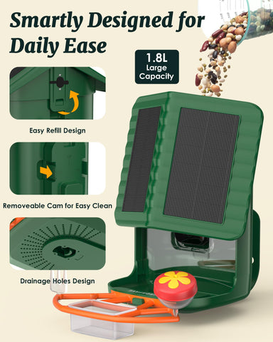 BIRDSFAVE built-in solar panels and IP65 weatherproof housing endure outdoor conditions