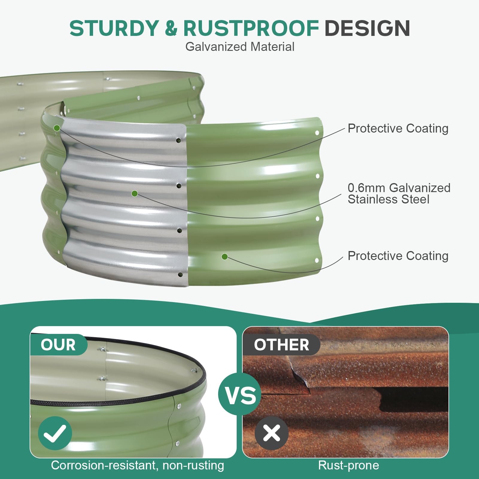 Sturdy galvanized bed with bracing rods for durable outdoor support.