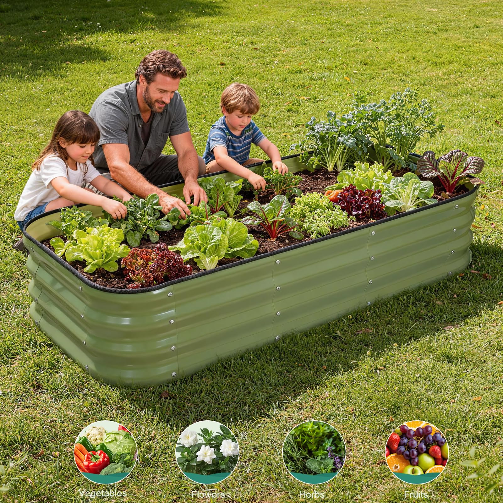 Birdsinyard green steel raised bed image communicates sturdy weather-ready outdoor planter.