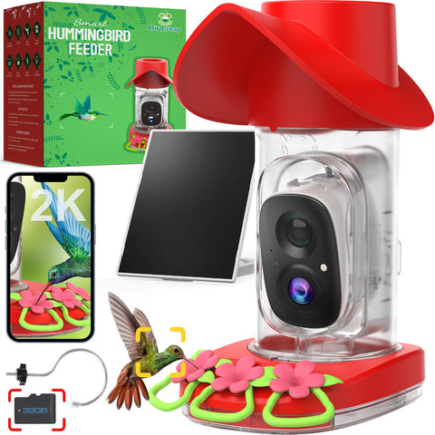 Birdsnap hummingbird feeder camera front view with solar panel powering continuous watching.