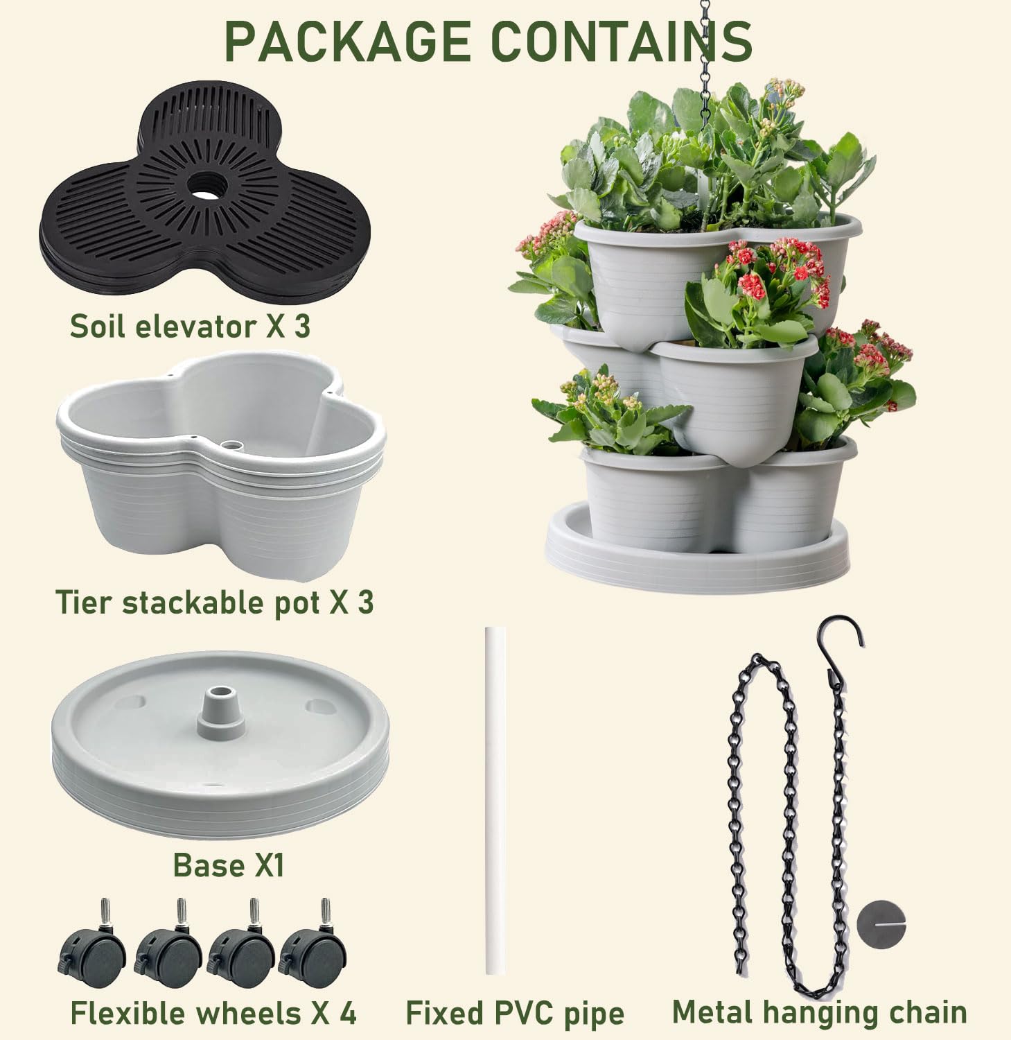 Birheatry stackable planter with hanging hooks for indoor or outdoor use.