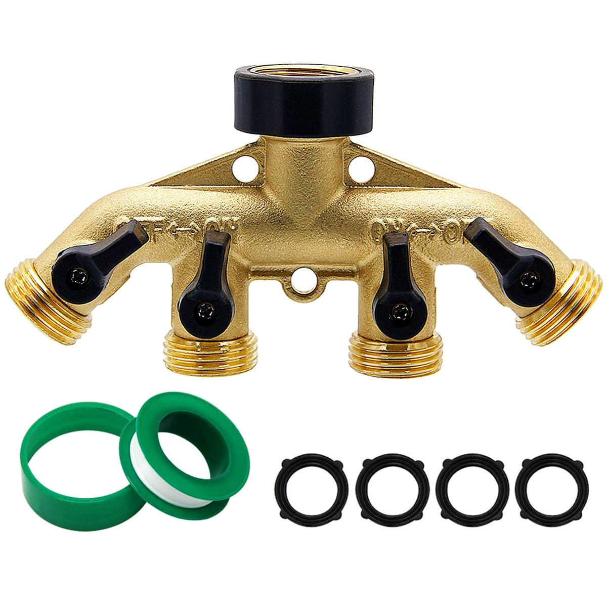 Biswing 4-way brass hose splitter with four outlets for versatile watering.