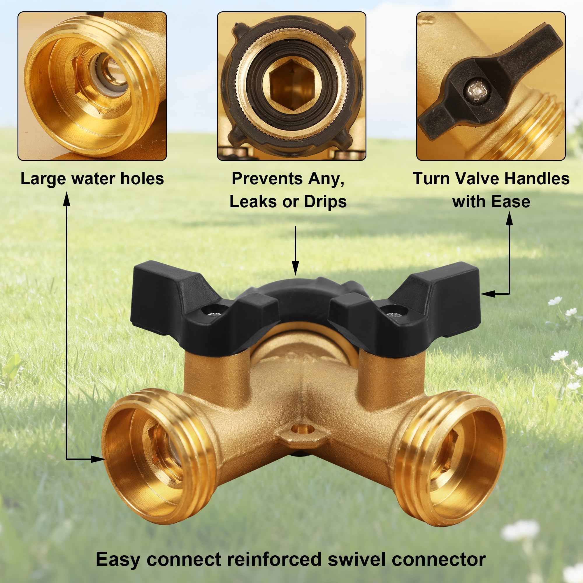 Biswing brass connector featuring two valves for independent water control.