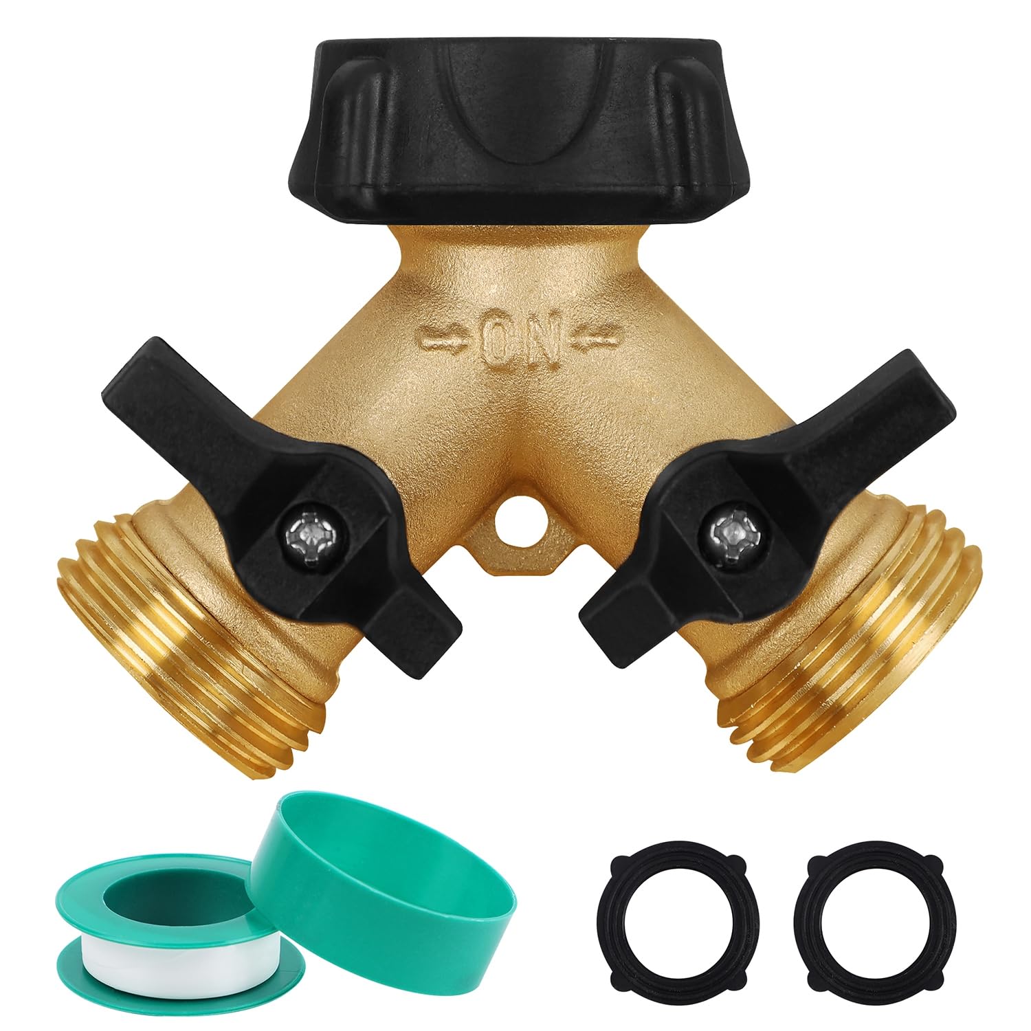 Biswing garden hose splitter in brass with dual outlets for multitask watering.
