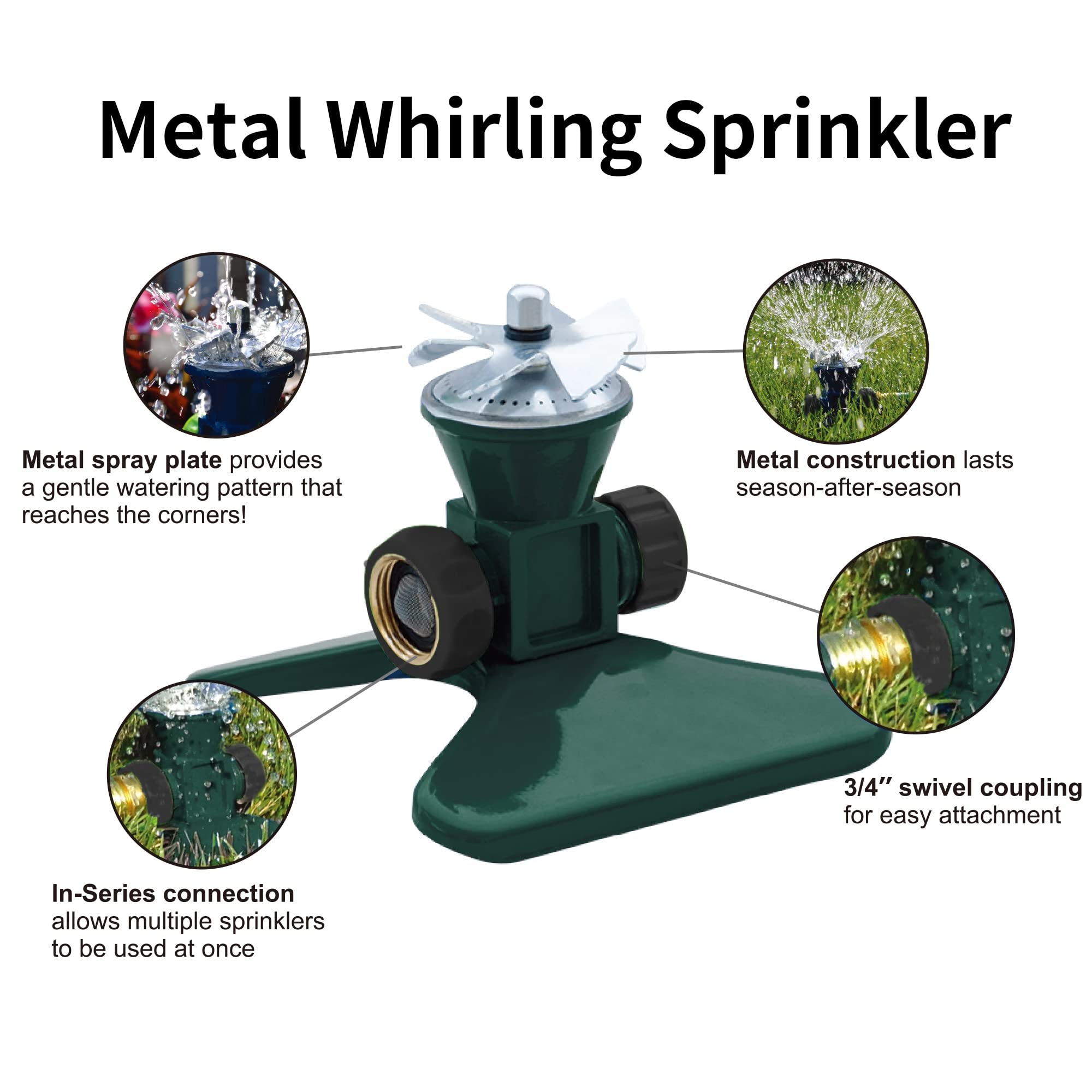 Biswing heavy-duty metal sprinkler close-up showing square-pattern spray.