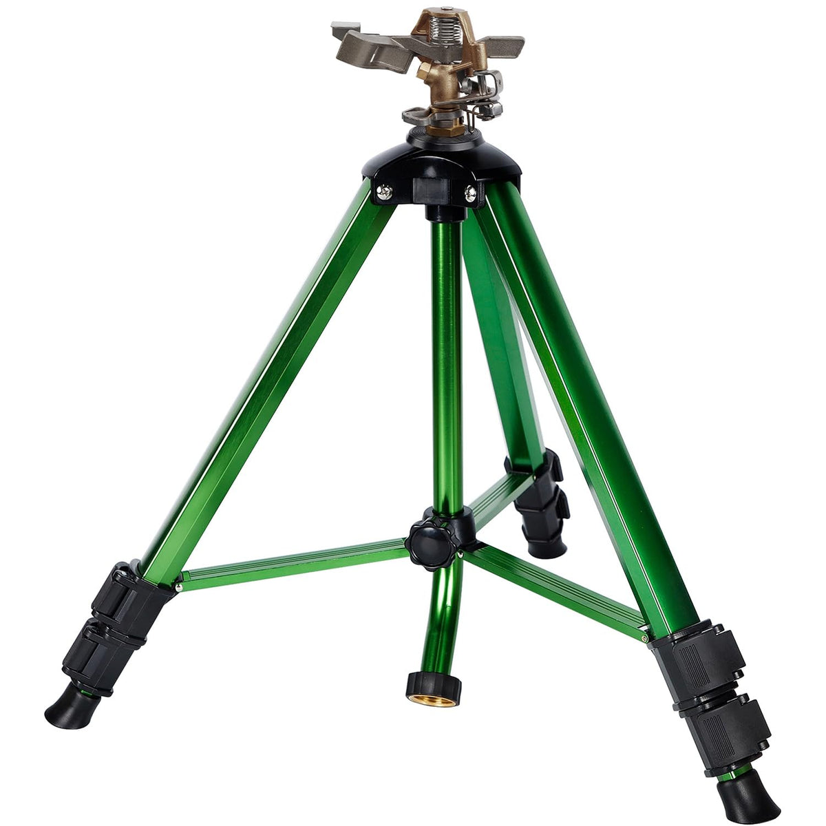 Biswing impact sprinkler head on tripod base delivers stable, wide irrigation.