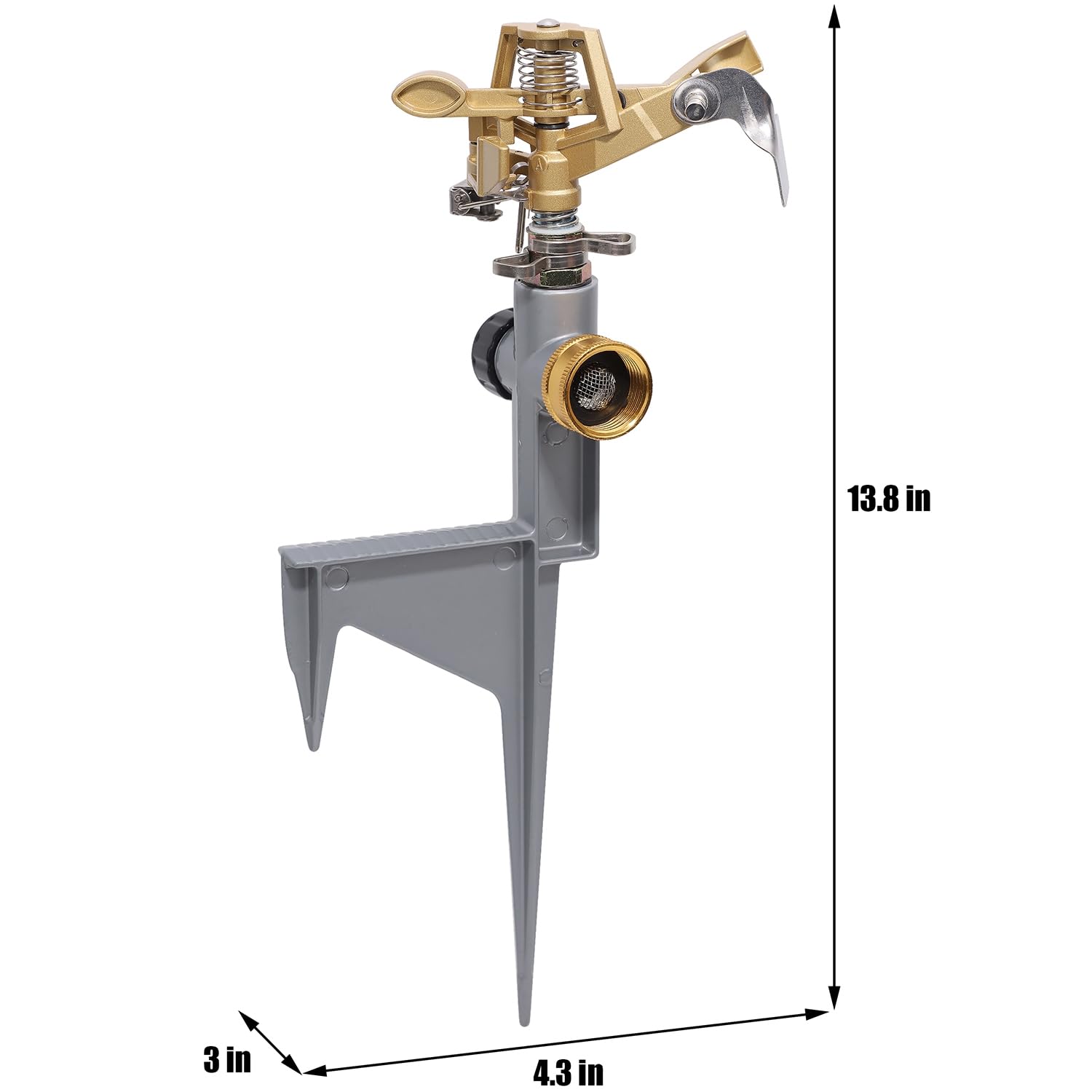 Biswing sprinkler head mounted on a sturdy spike base for easy setup.