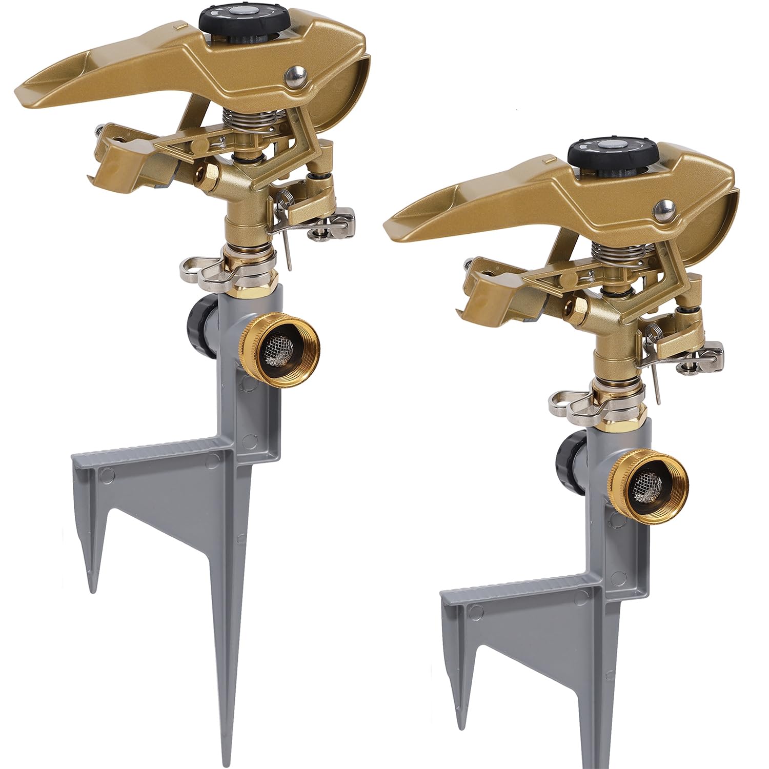 Biswing two-pack impact sprinklers on metal step spike for stable yard irrigation.