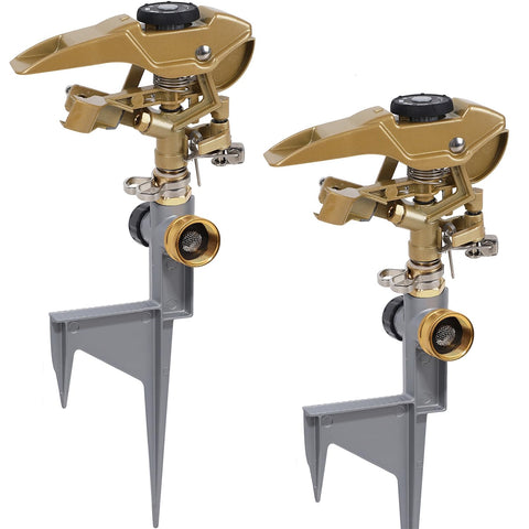 Biswing two-pack impact sprinklers on metal step spike for stable yard irrigation.