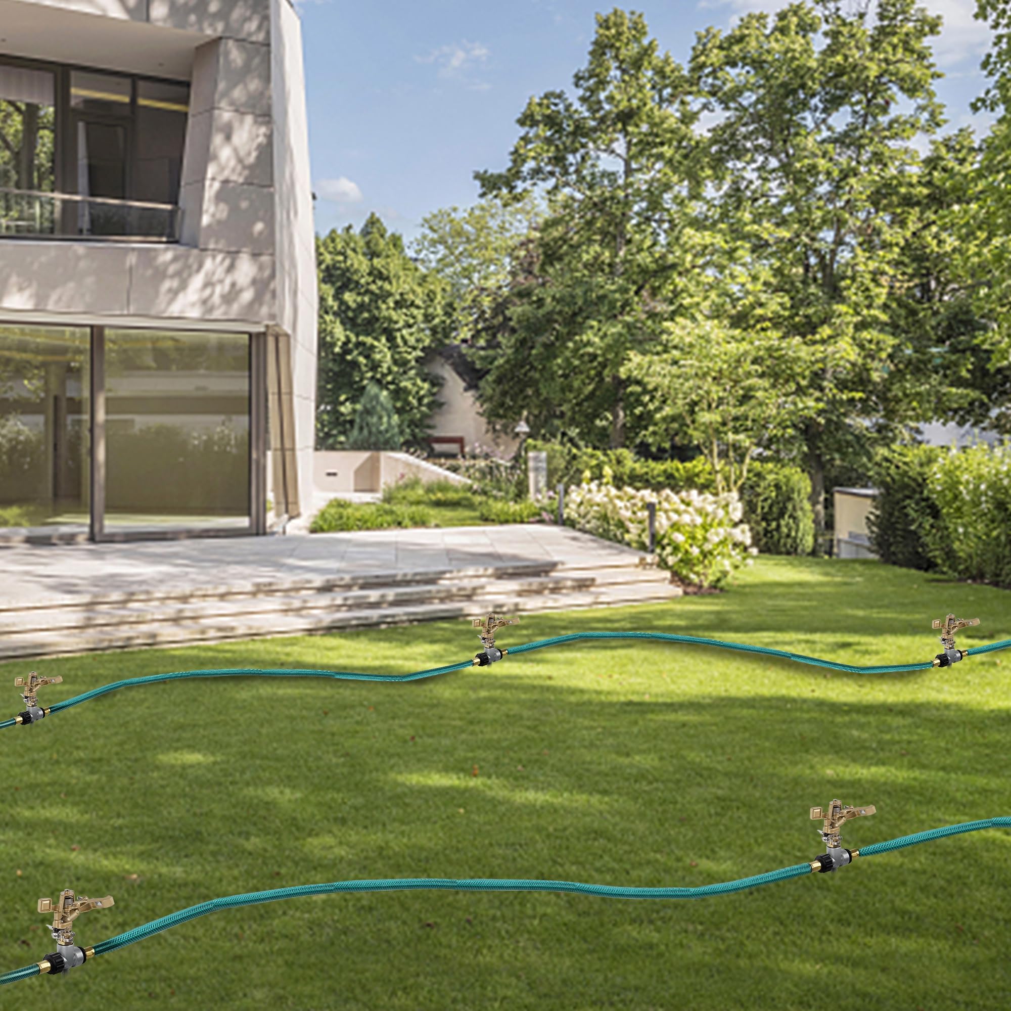 Biswing versatile setup suited for lawn, garden, patio, and greenhouse irrigation.