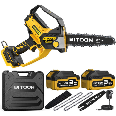 BITOON 8-inch mini chainsaw front view for precise pruning and light cutting