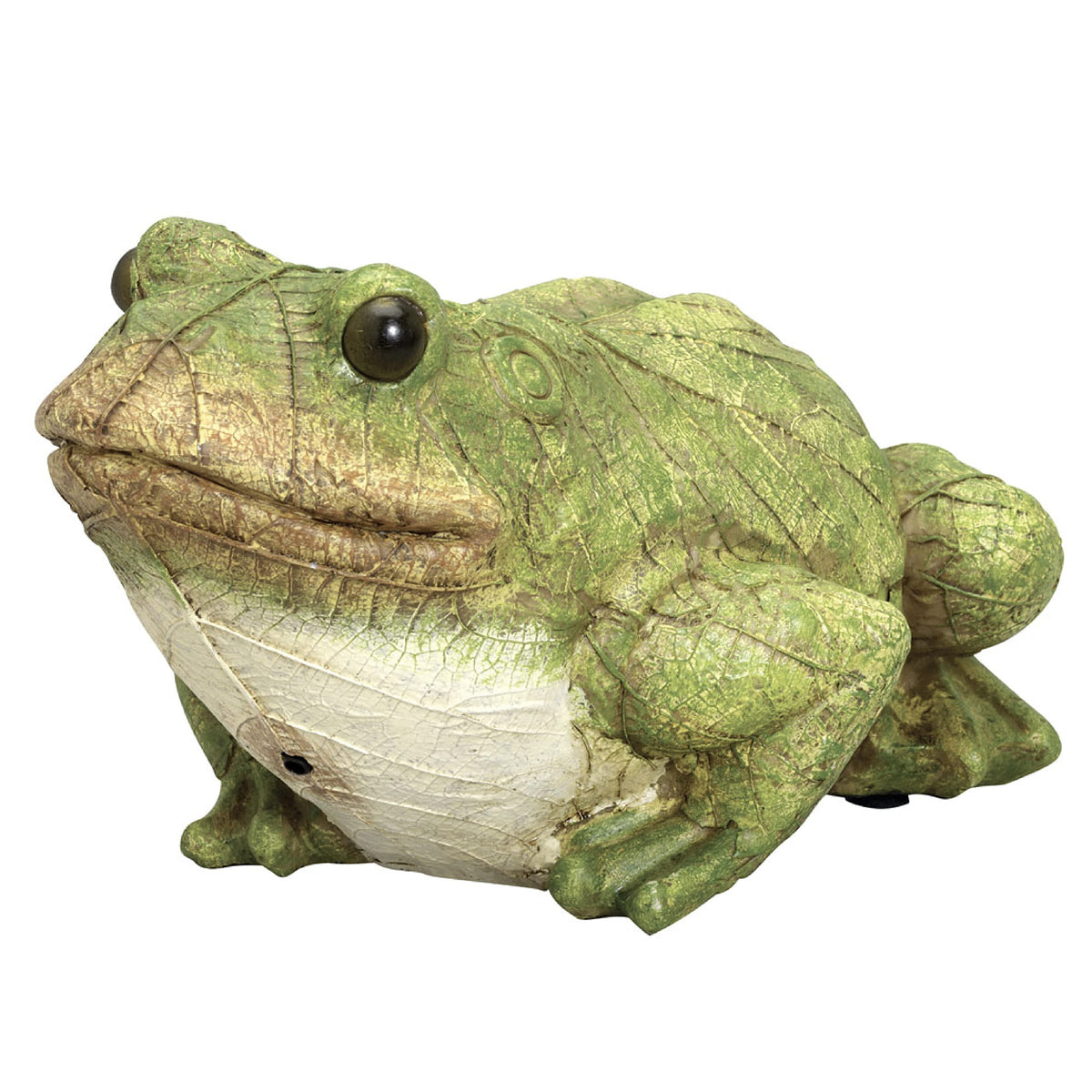 Bits and Pieces frog motion sensor statue with motion-activated ribbit and eye lights for garden charm.