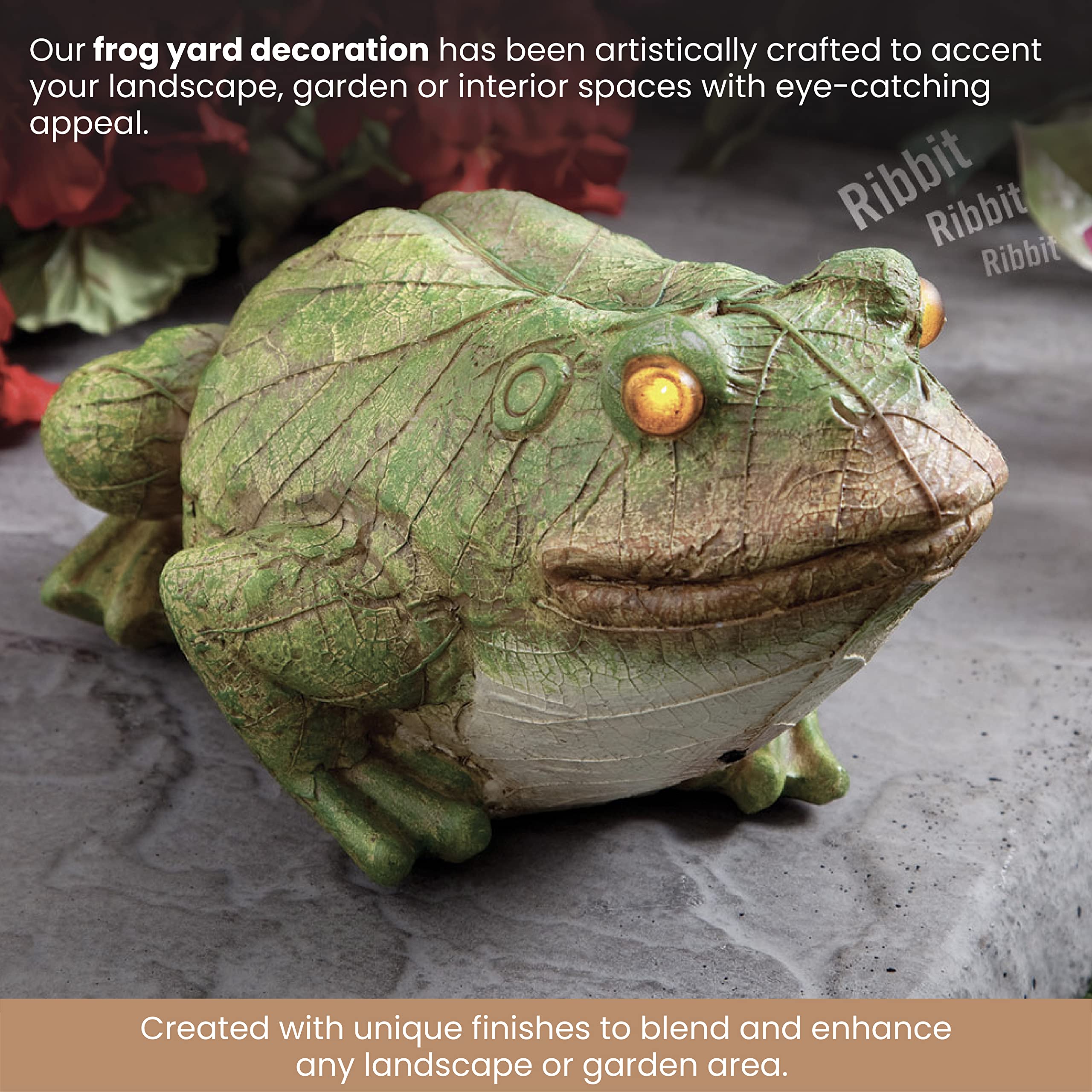 Bits and Pieces weather-resistant polyresin frog statue with leaf detailing for outdoors.