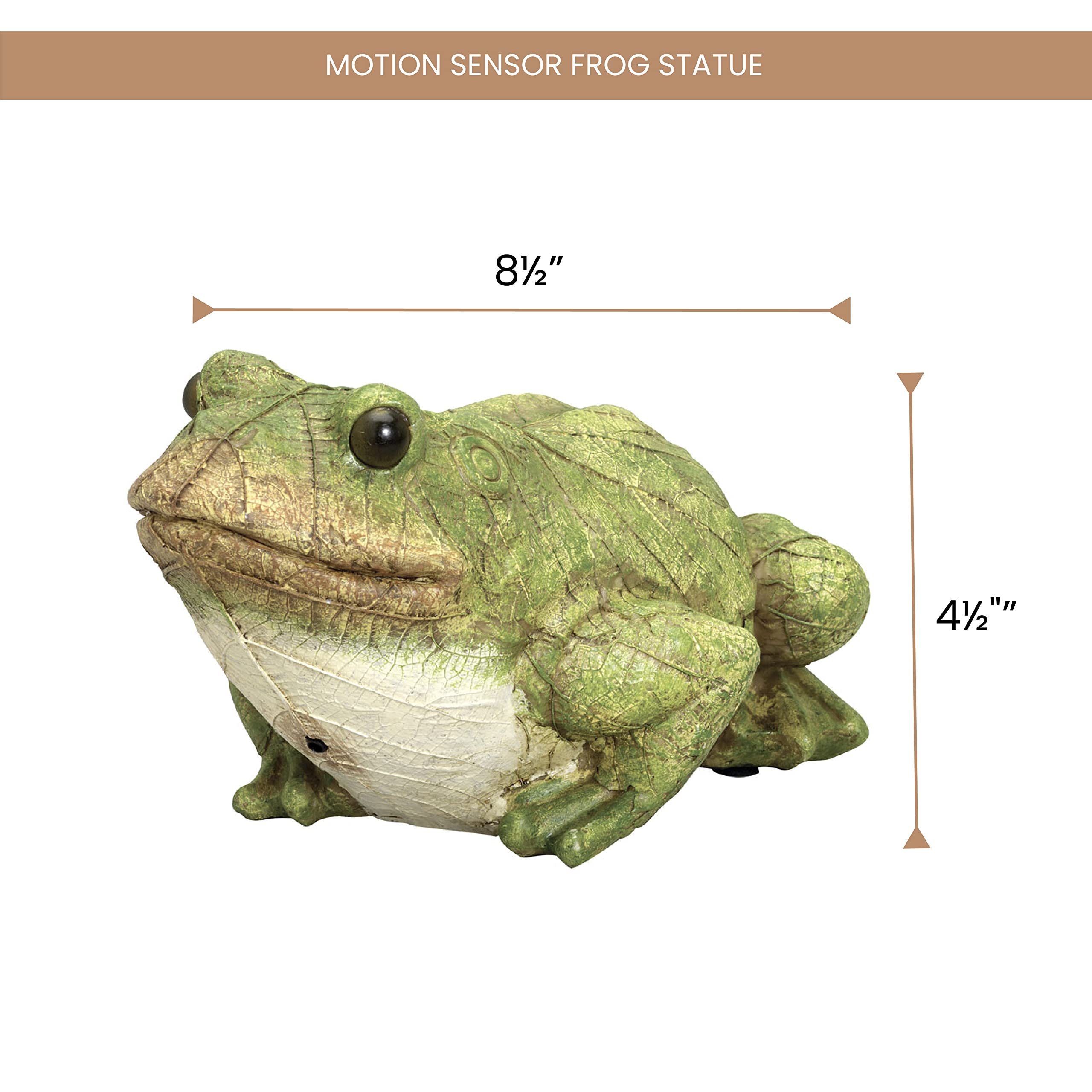 Bits and Pieces frog solar-powered lantern lights eyes at dusk for ambient garden lighting.