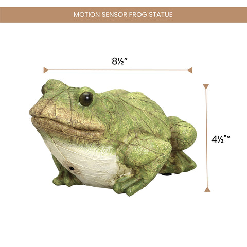 Bits and Pieces frog solar-powered lantern lights eyes at dusk for ambient garden lighting.