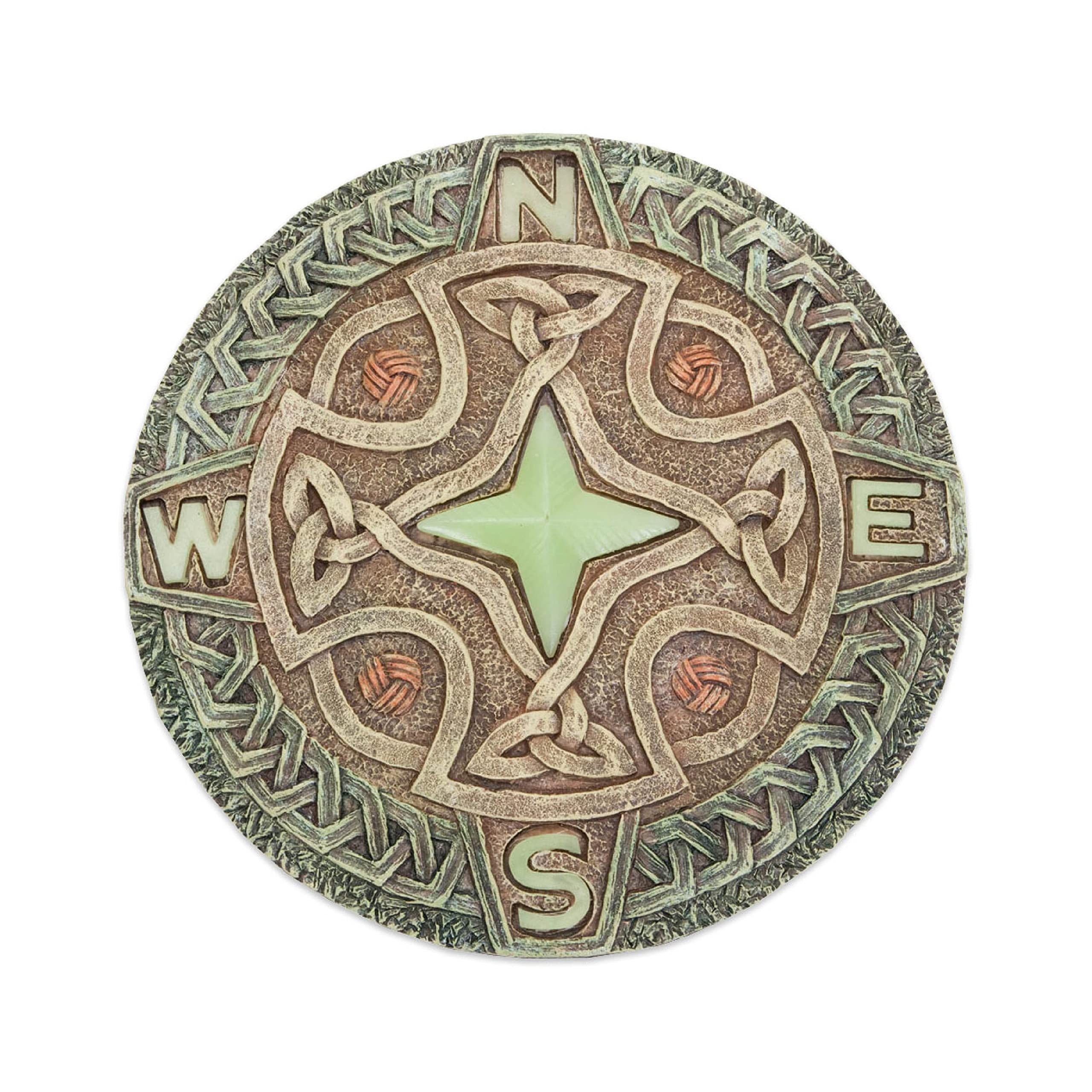 Bits and Pieces glow-in-the-dark Celtic compass stone lights nighttime paths in the garden.