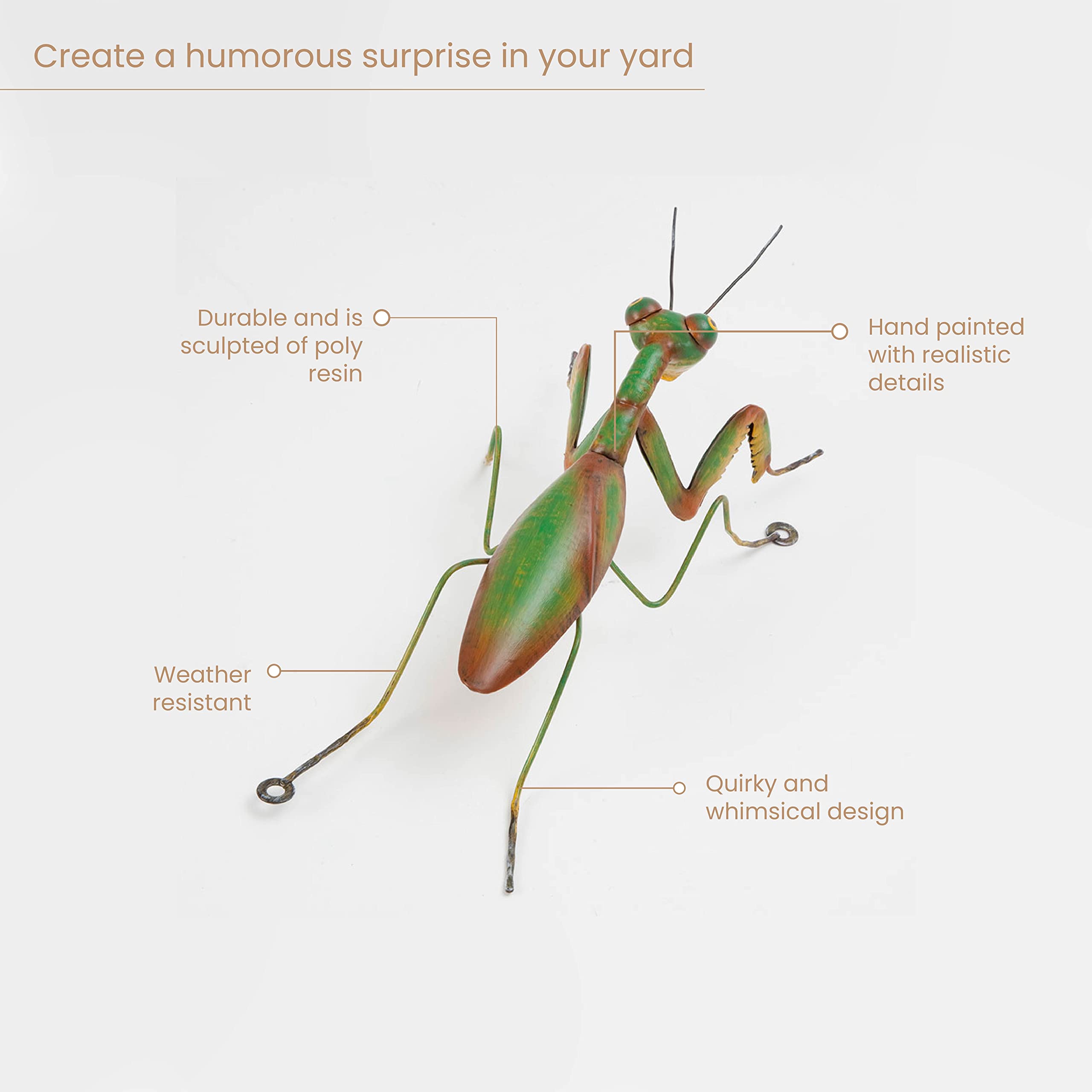 Bits and Pieces Praying Mantis Tree Hanger mounted on feet demonstrates versatile placement.