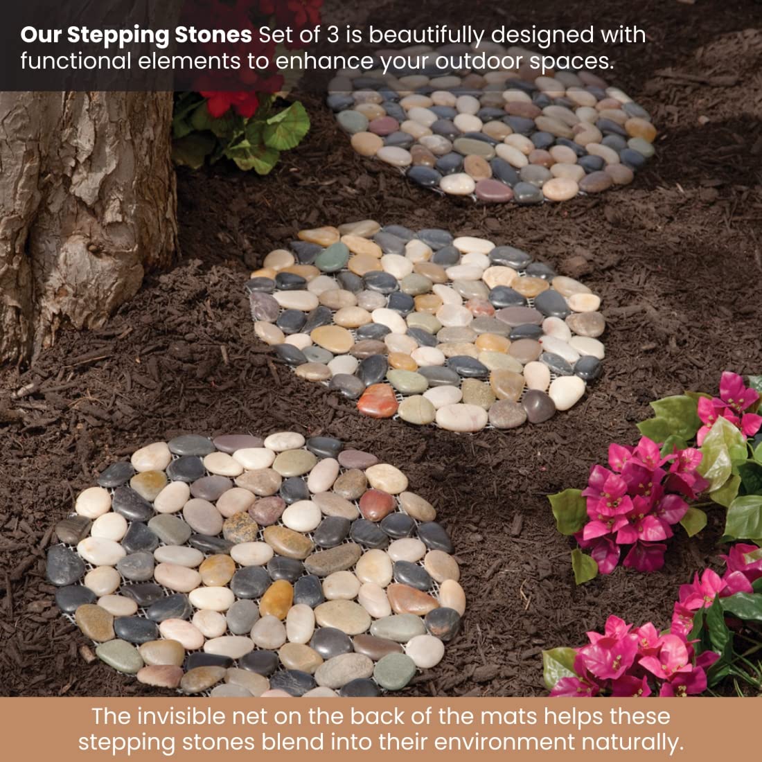 Bits and Pieces riverstone round-stepping-stones in garden-path setting offer weather-resistant charm
