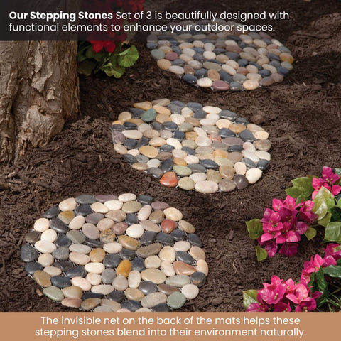 Bits and Pieces riverstone round-stepping-stones in garden-path setting offer weather-resistant charm