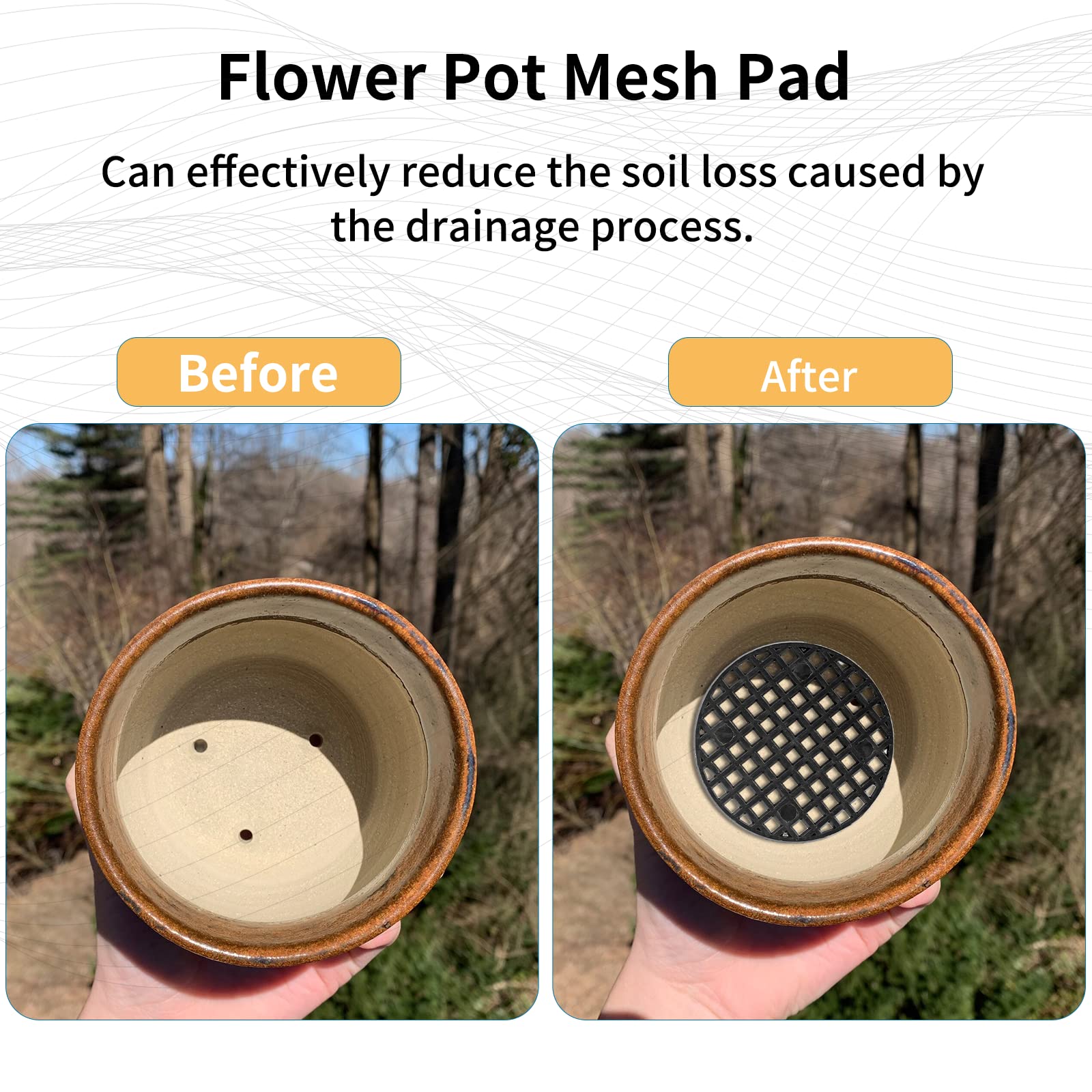 Bivethoi pot mesh screen 45mm black showing soil-saving, smooth drainage in pots.