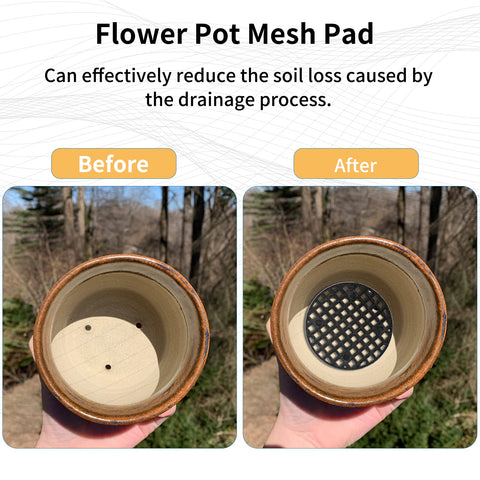 Bivethoi pot mesh screen 45mm black showing soil-saving, smooth drainage in pots.