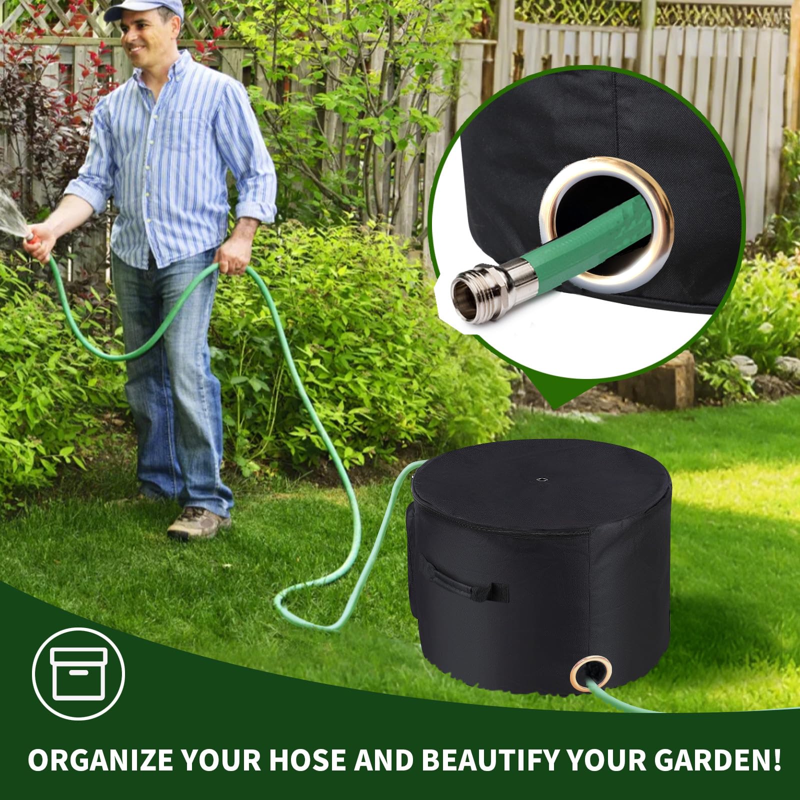 BJJZHH garden hose holder pot supports up to 150 feet of hose capacity.