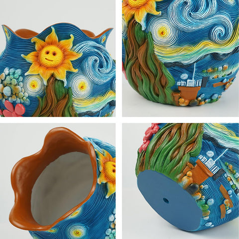 BJVF Starry Night planter features sunflowers and floral details for eye-catching shelves