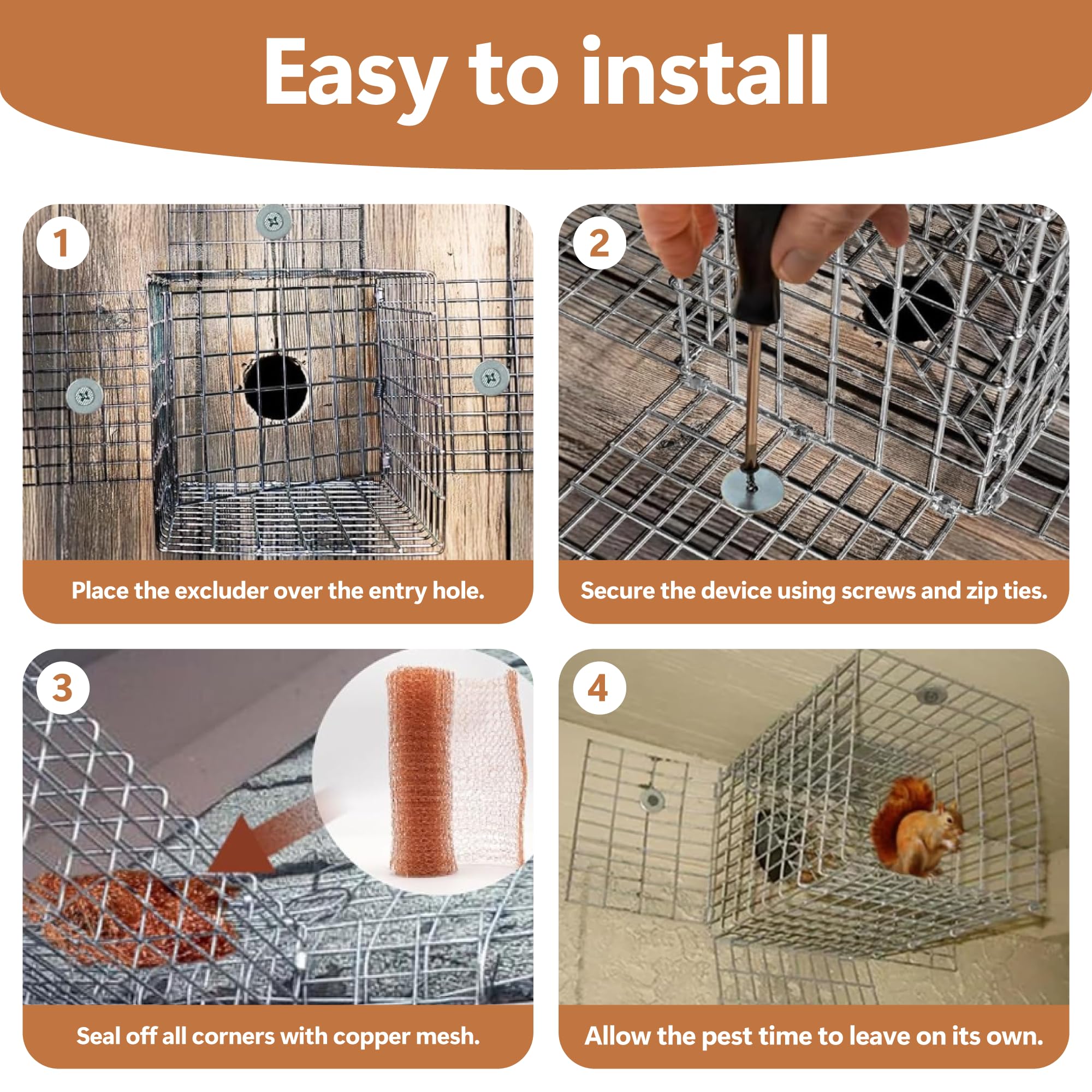 Installation kit with screws, ties, and copper mesh for quick setup